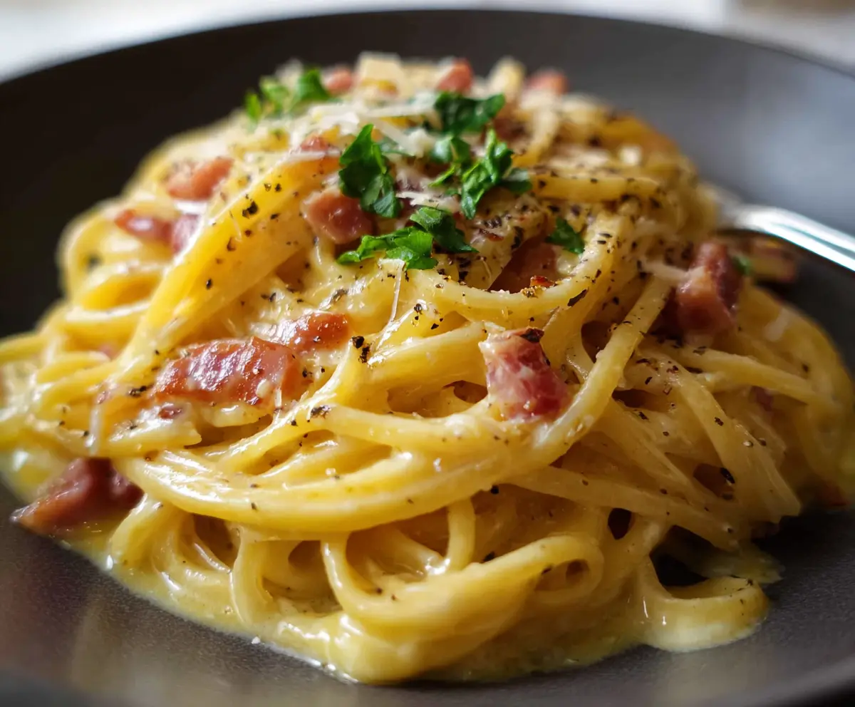 Delicious homemade Pasta Carbonara served on a rustic plate, showcasing creamy sauce and crispy pancetta.