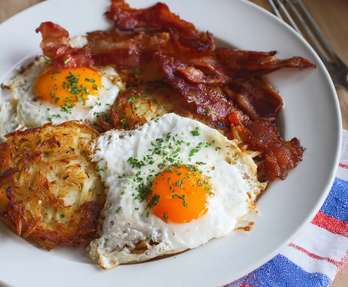 Delicious bacon hash browns with fried eggs served on a breakfast plate.