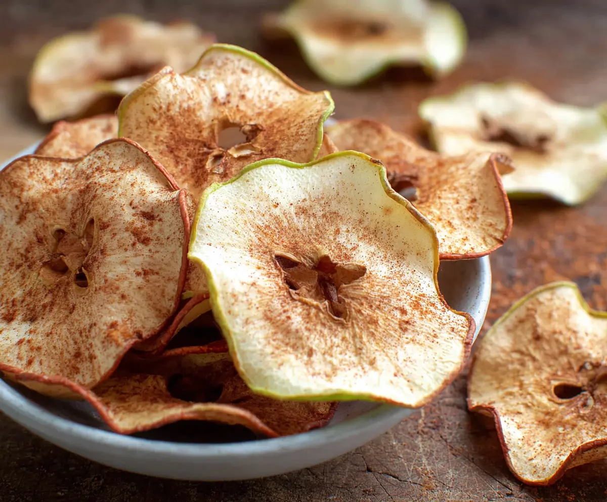 Crispy baked apple chips on a white plate, featuring a golden-brown finish perfect for healthy snacks.