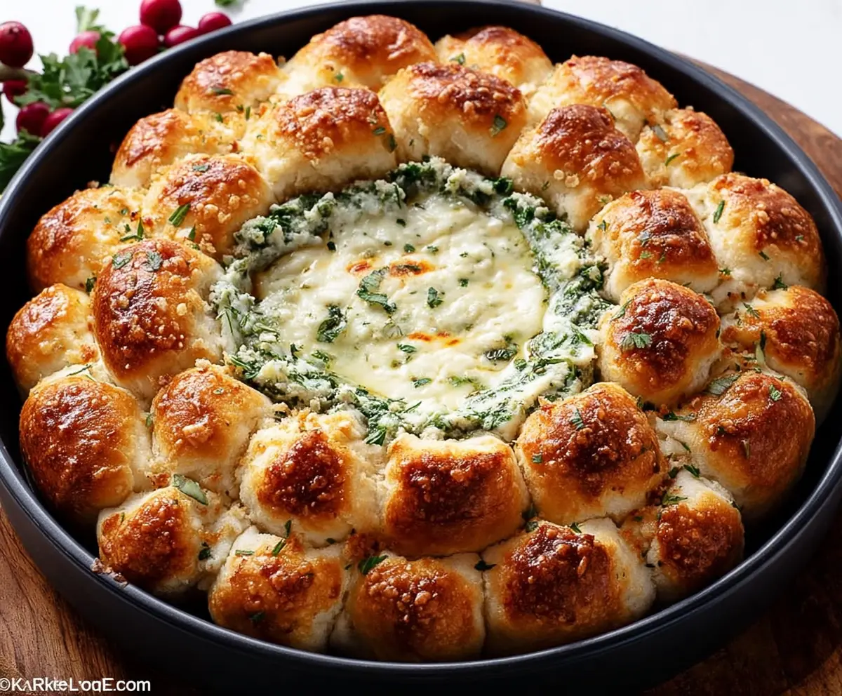 Delicious baked biscuit wreath dip garnished with herbs, perfect for appetizers.