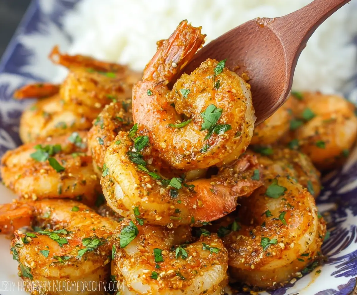 Delicious baked Cajun shrimp served with vibrant vegetables on a plate.