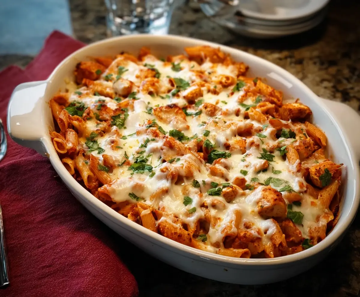 Delicious baked chicken mozzarella pasta dish garnished with fresh herbs on a white plate.