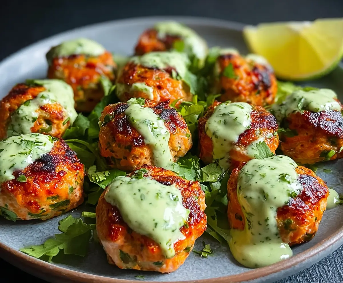 Delicious baked salmon meatballs served with a tangy avocado sauce on a white plate.