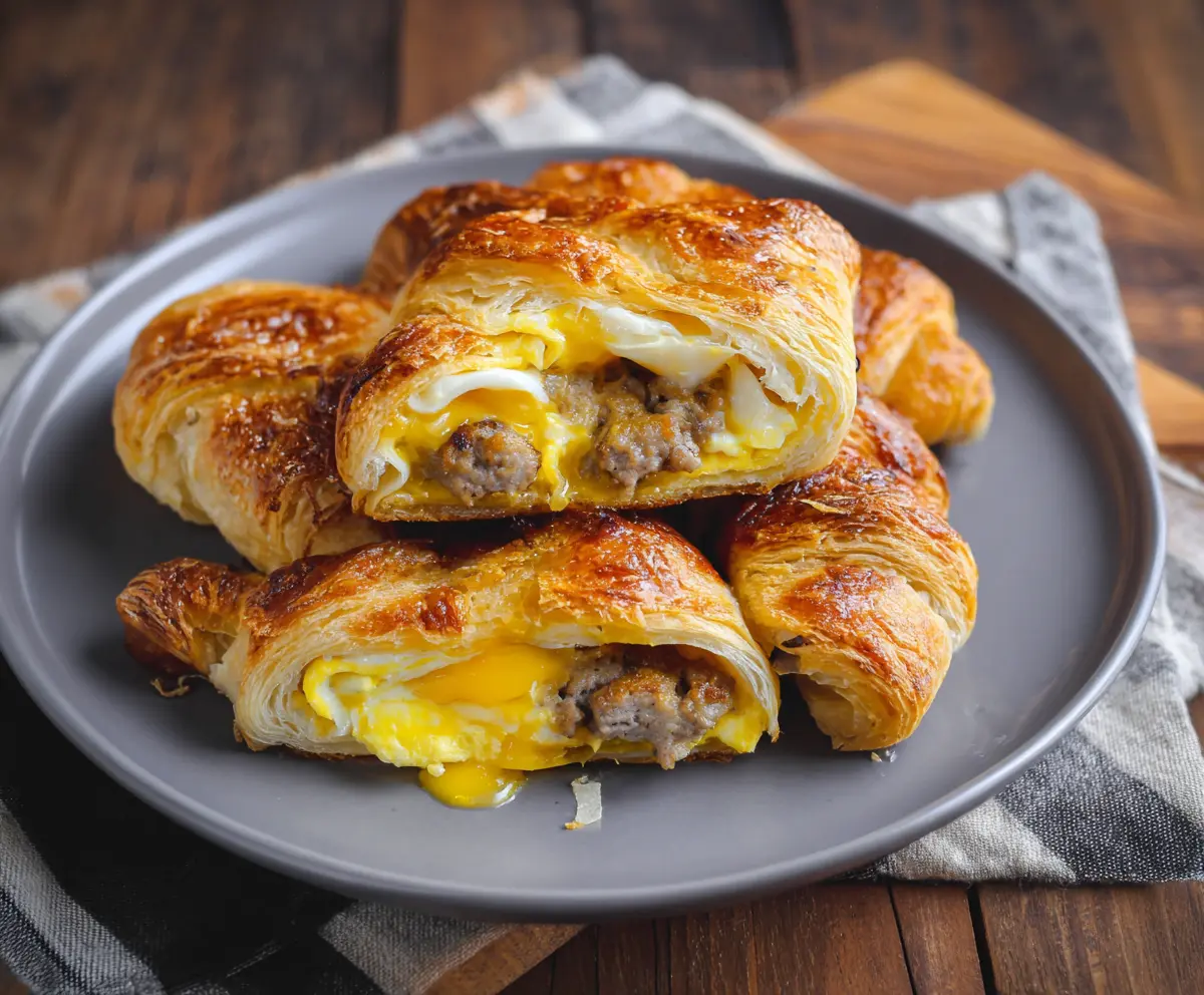 Delicious baked sausage, egg, and cheese croissant perfect for breakfast or brunch.