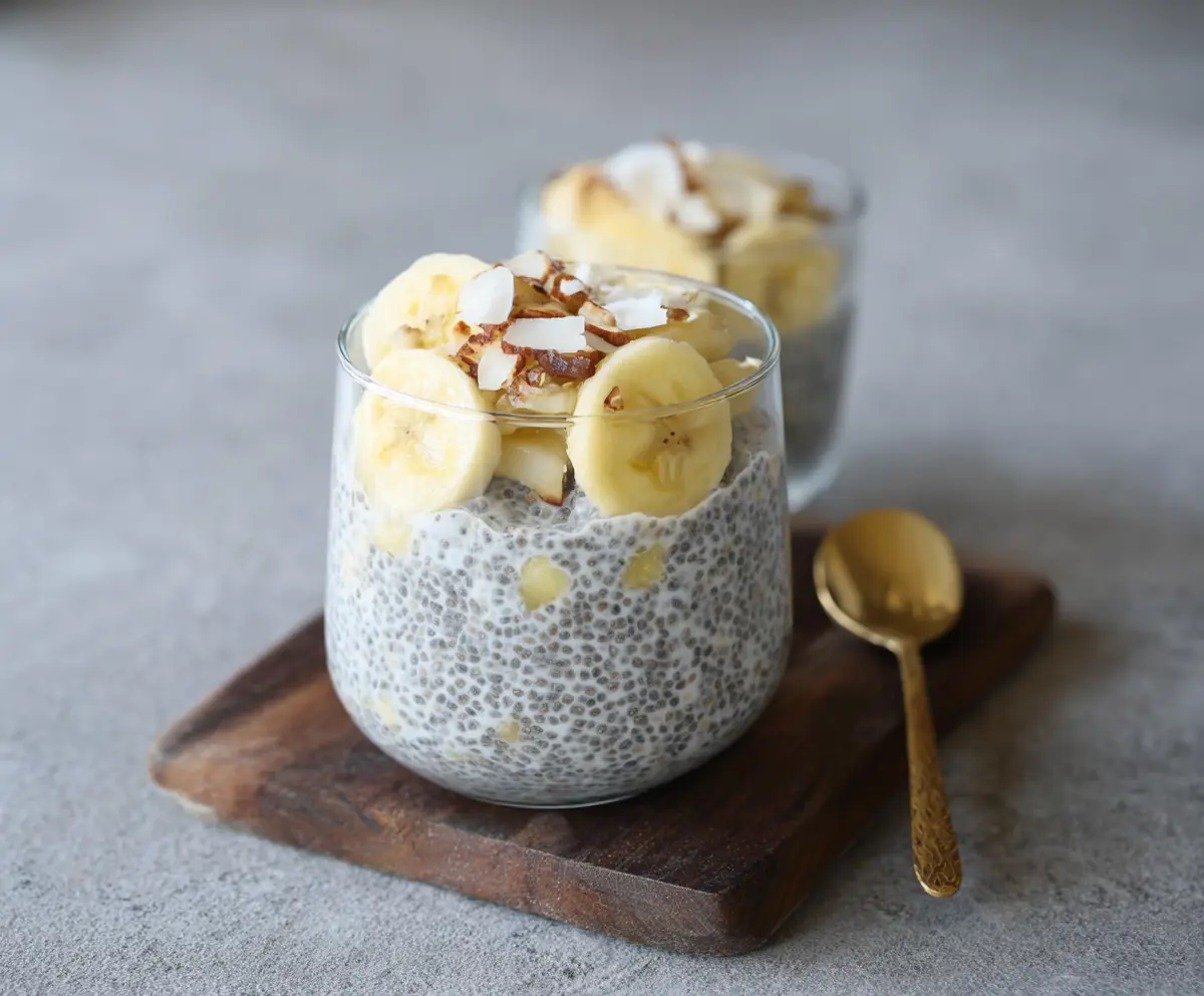 Creamy banana and coconut milk chia seed pudding in a glass bowl, topped with fresh banana slices and shredded coconut.
