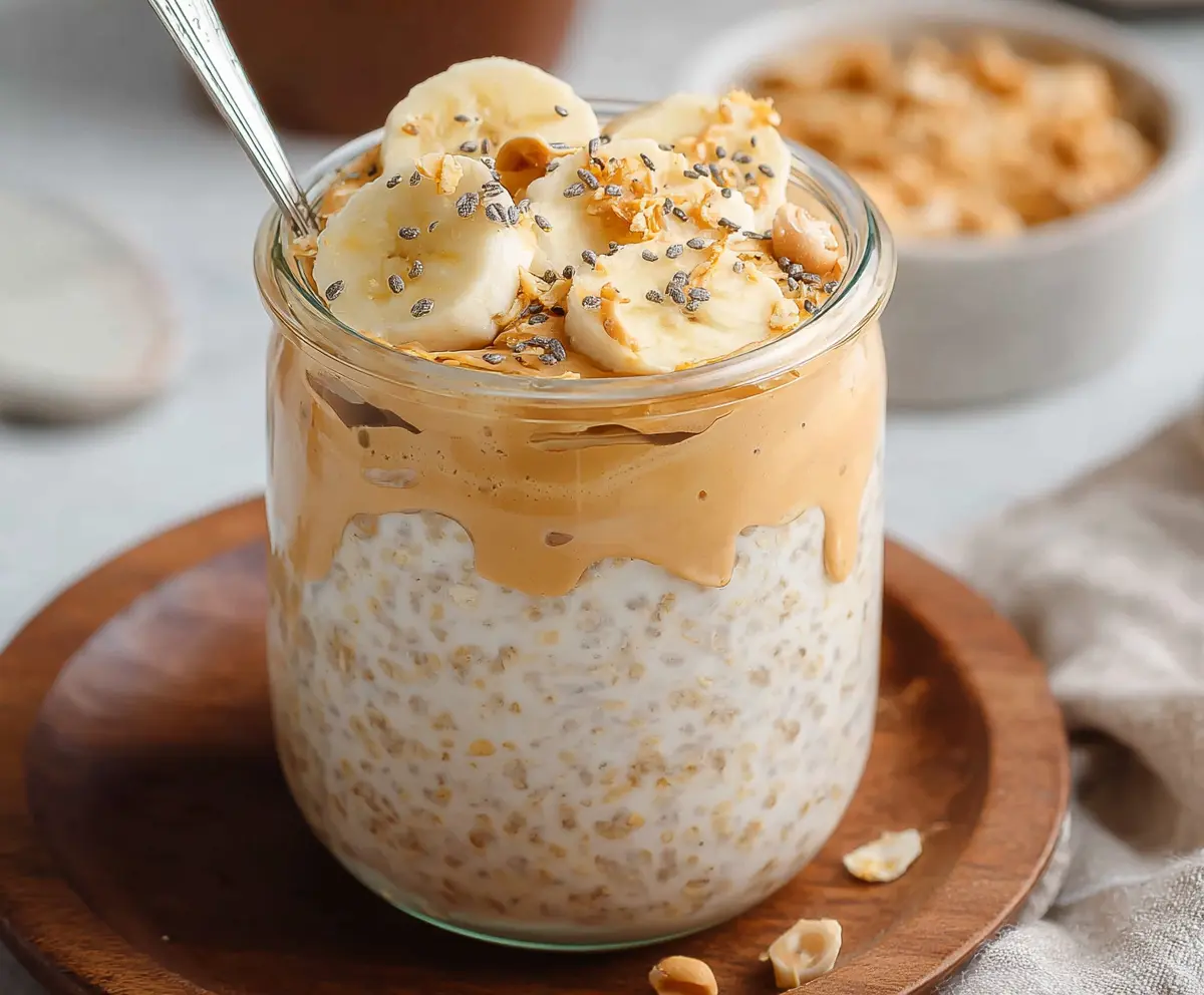 Creamy banana peanut butter overnight oats in a glass jar topped with sliced bananas and a drizzle of honey