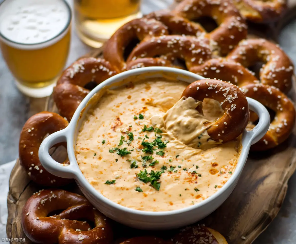 Creamy beer cheese dip served with pretzels and chips for snacking.
