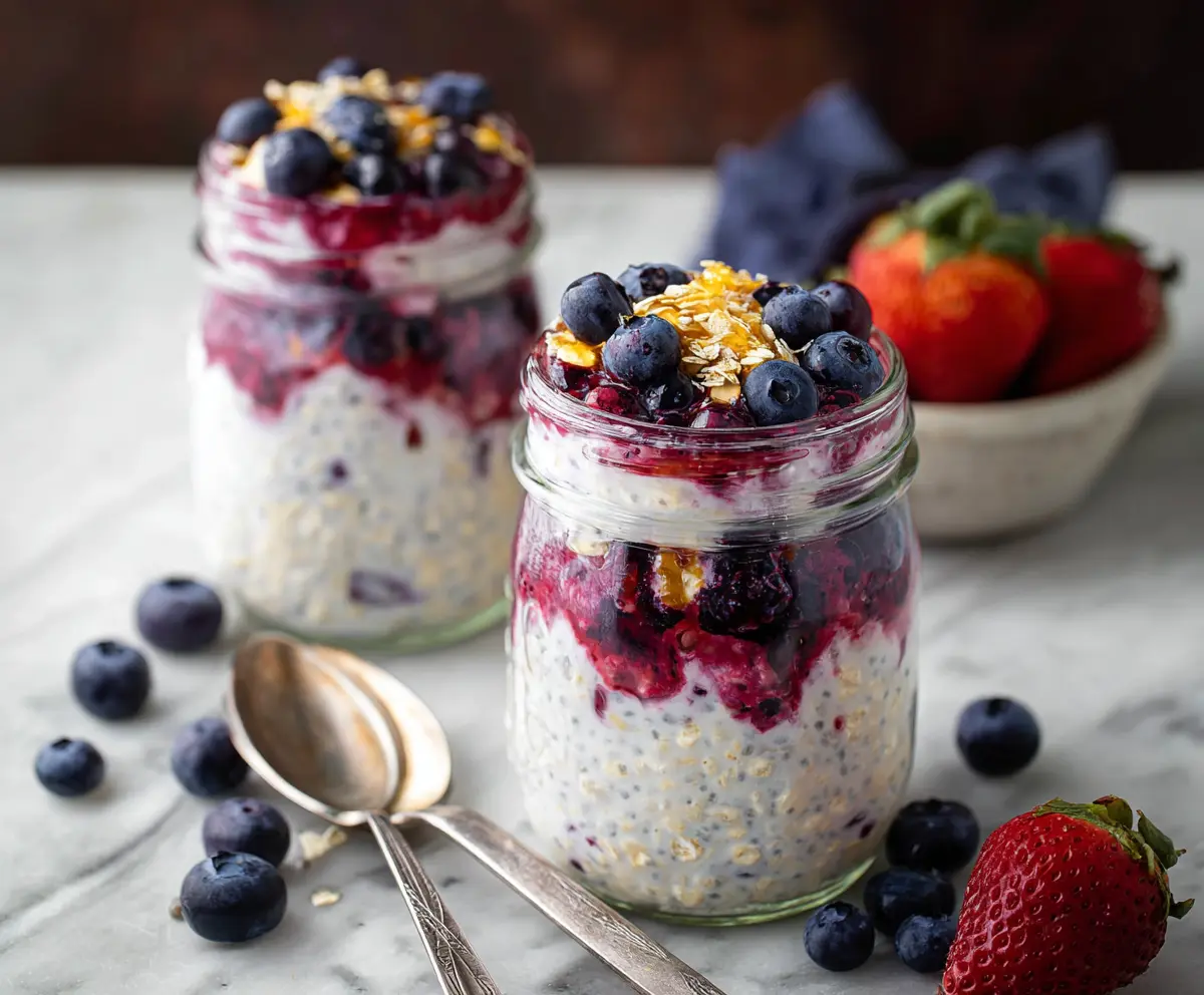 Creamy berry cheesecake overnight oats topped with fresh mixed berries and a drizzle of honey in a glass jar.