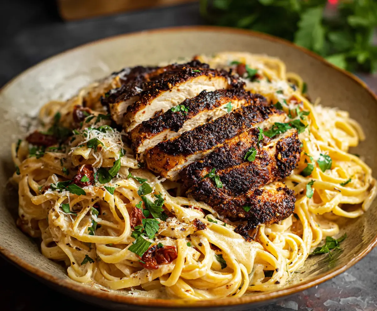 Delicious blackened chicken pasta dish with seasoned grilled chicken and al dente pasta garnished with herbs.