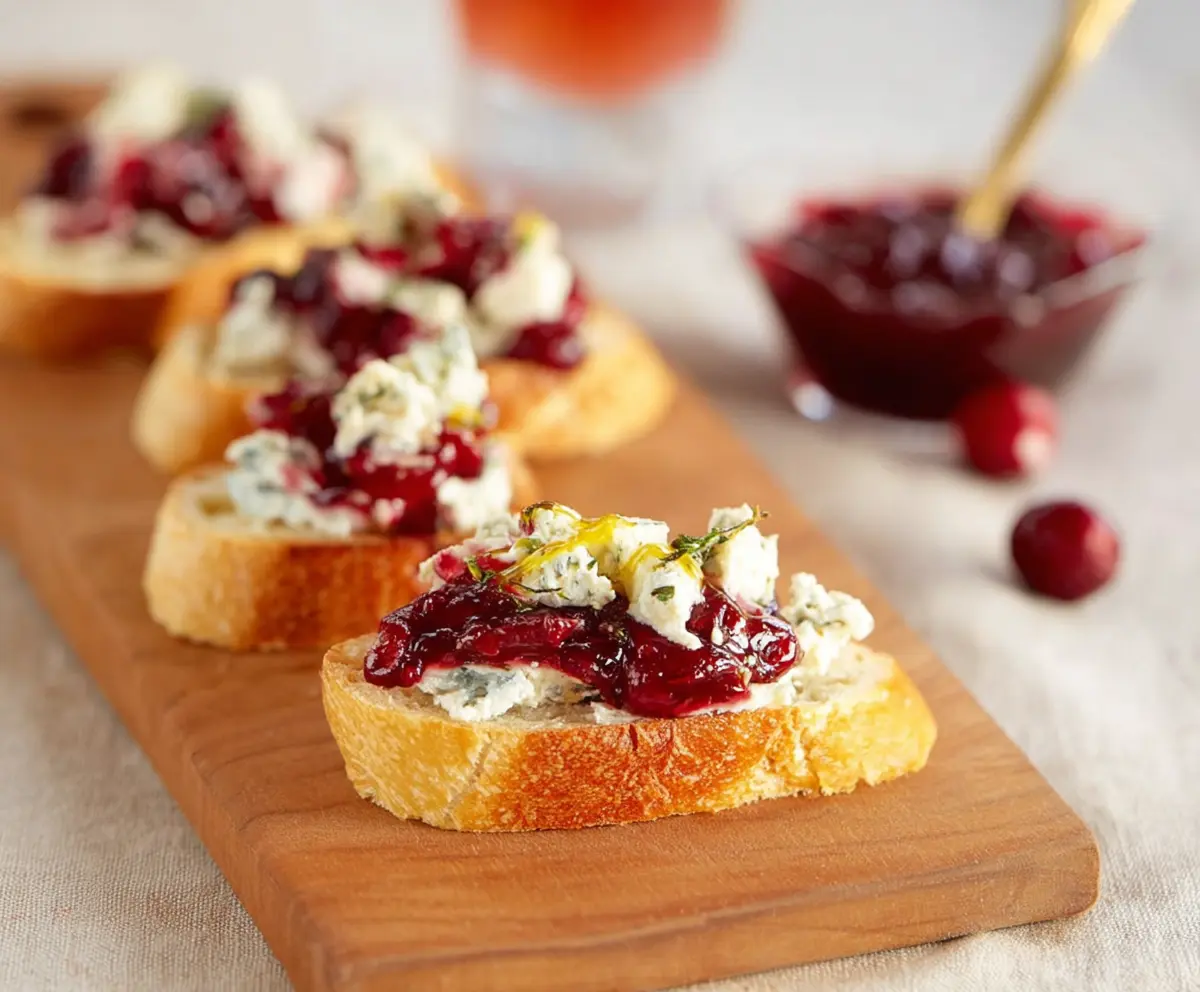 Delicious Blue Cheese Cranberry Crostini with toasted bread, blue cheese crumbles, fresh cranberries, and herbs.