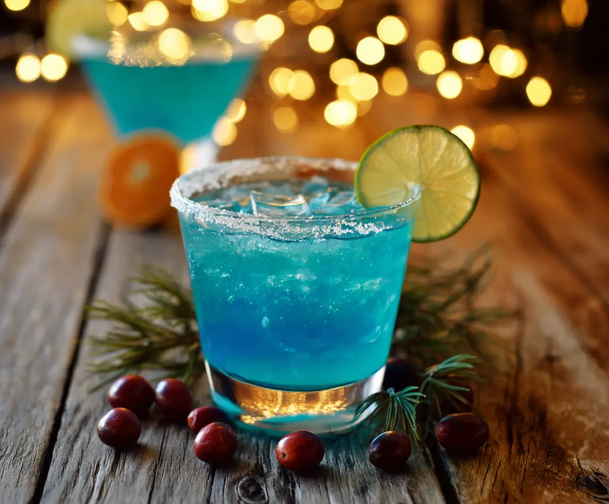 Vivid blue Christmas cocktail in a festive glass with holiday decorations.