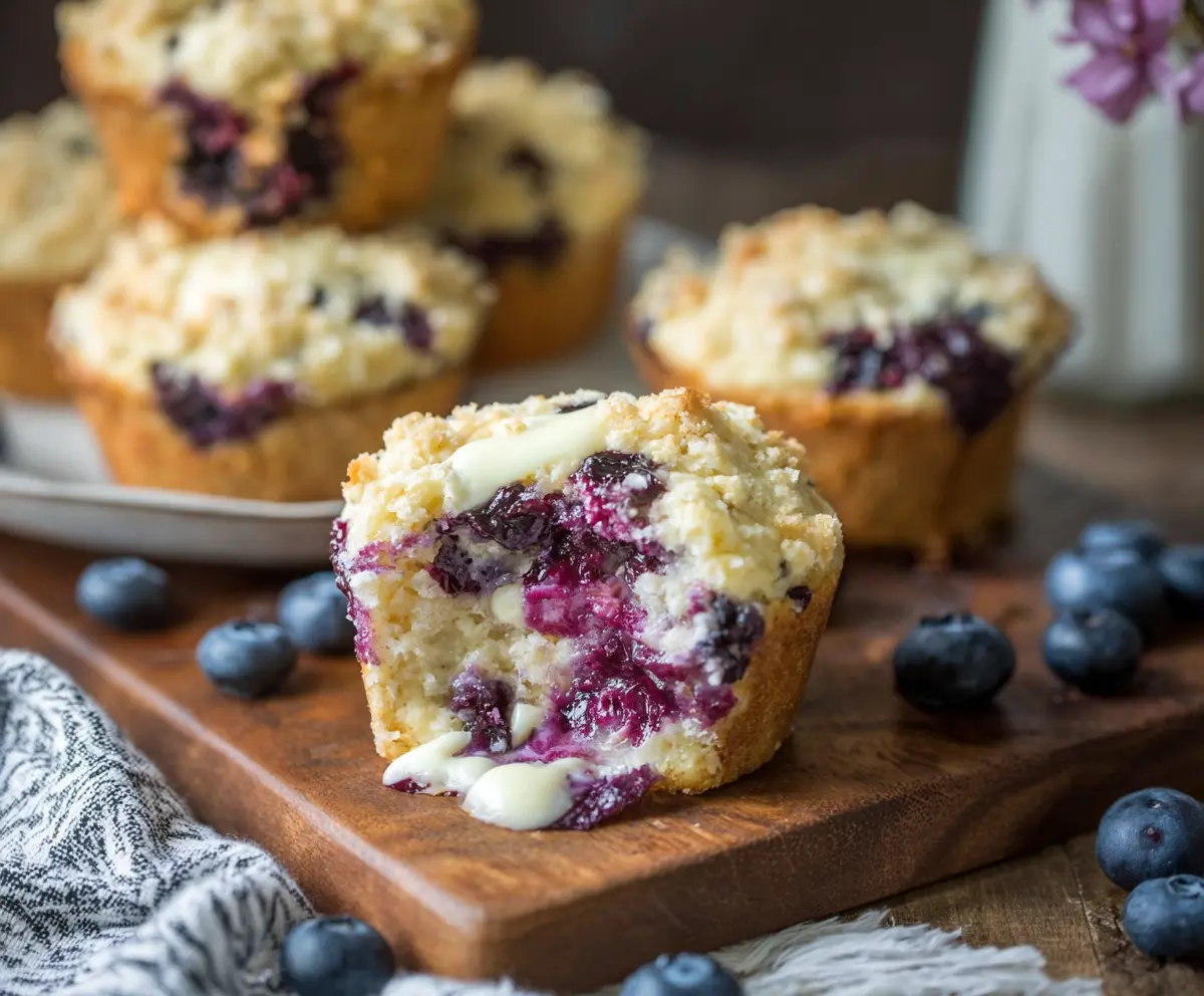 Delicious Blueberry Cream Cheese Protein Muffins fresh out of the oven, showcasing a golden top with blueberries visible inside.