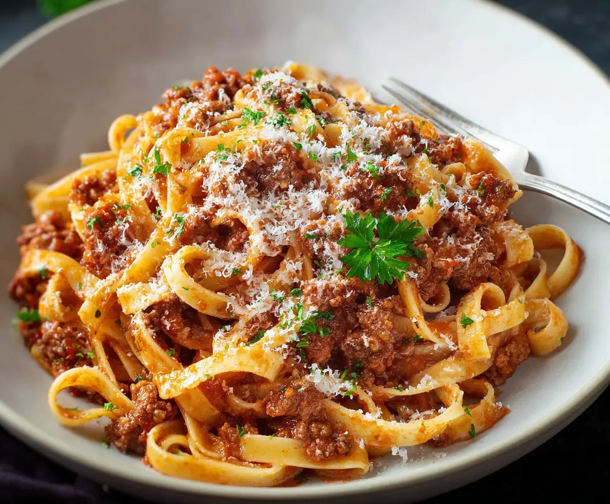 Delicious homemade Bolognese pasta with rich tomato sauce and fresh herbs