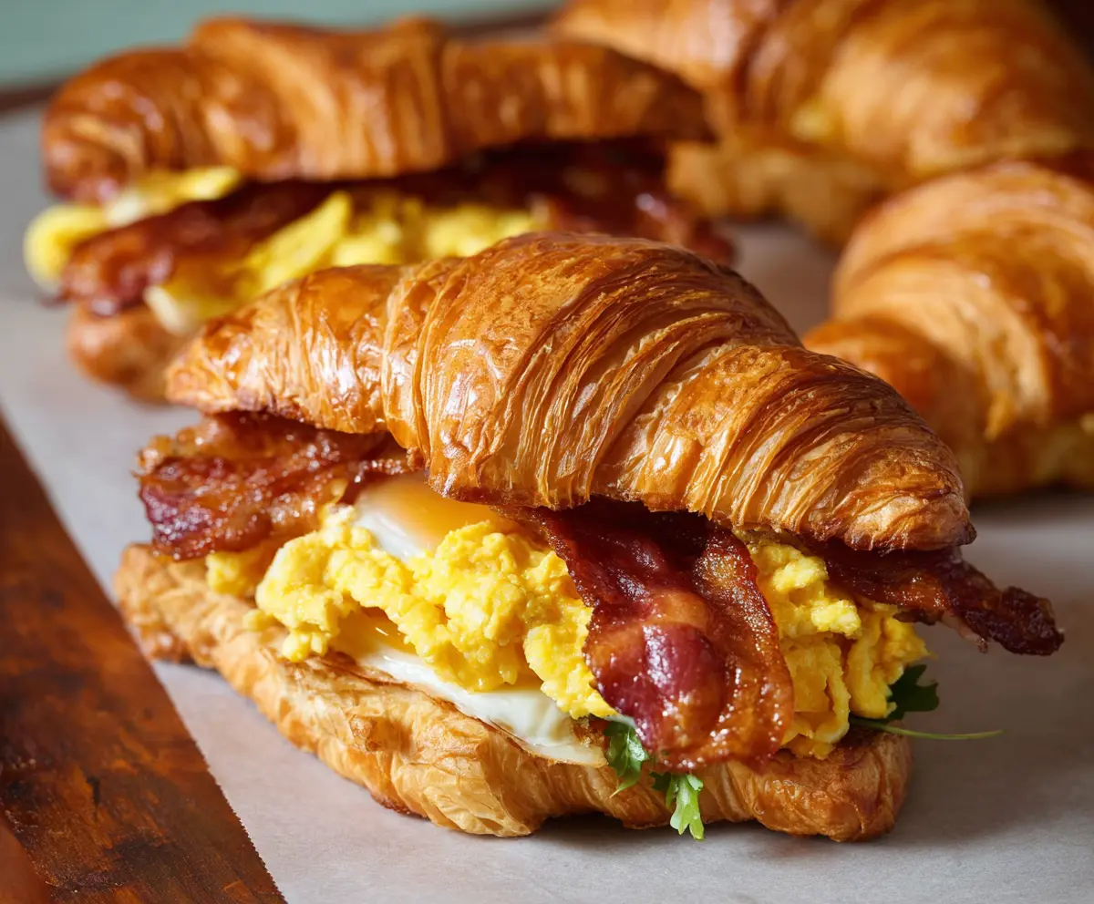 Delicious breakfast croissant sandwich with eggs, cheese, and bacon on a plate