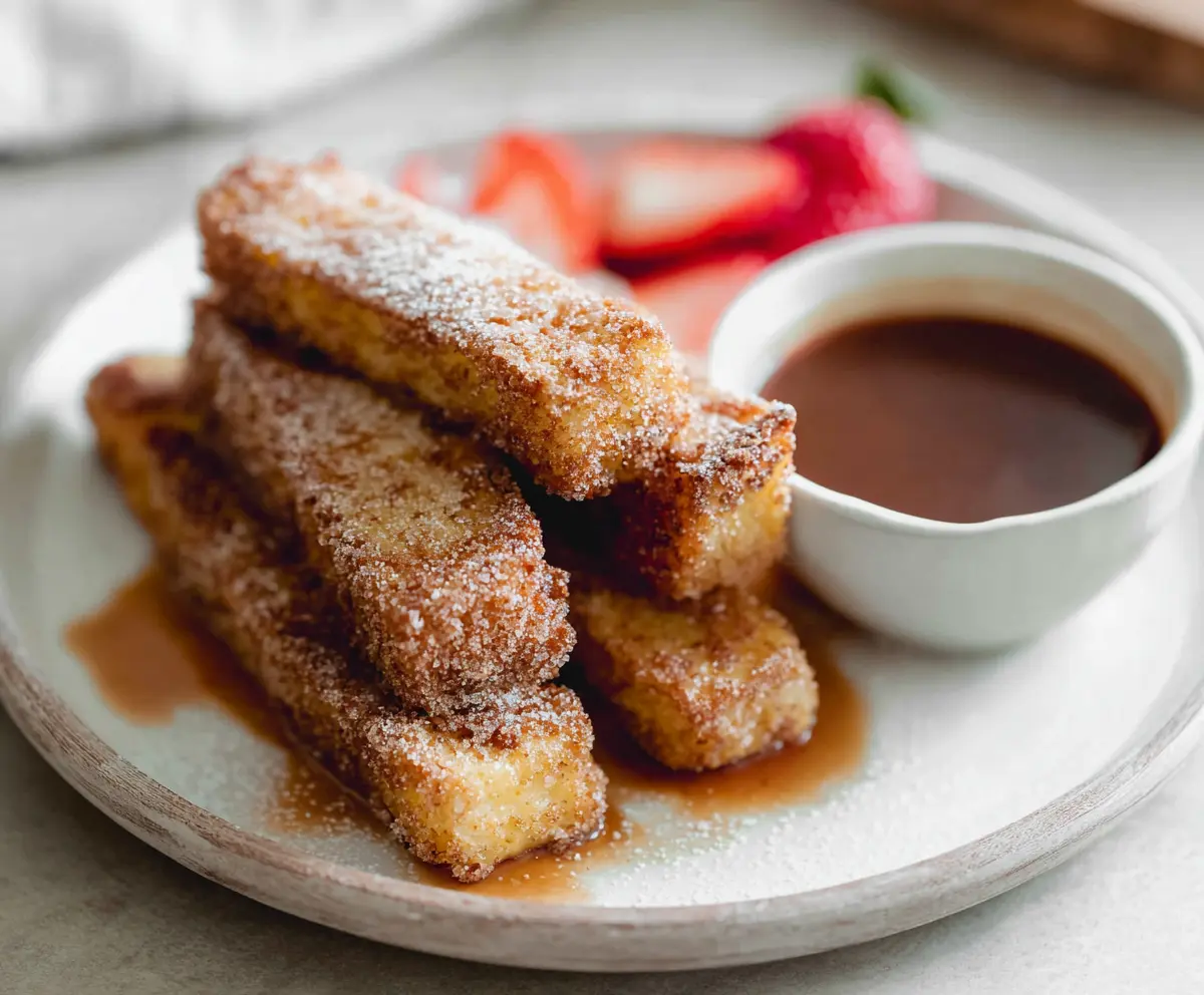 Golden crispy breakfast French toast sticks served with syrup and fresh berries.
