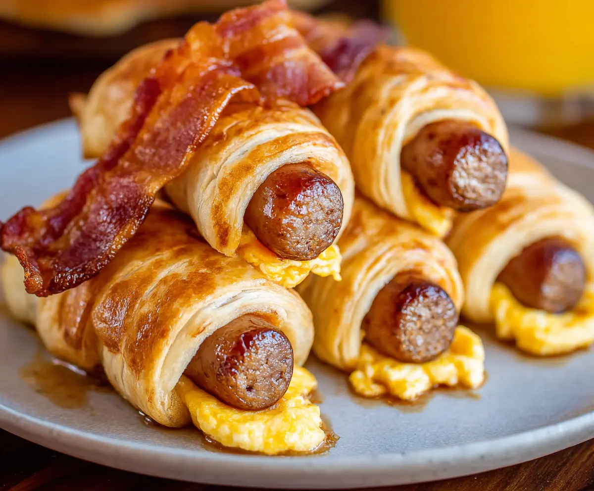 Delicious breakfast pigs in a blanket served on a white plate with honey mustard dip