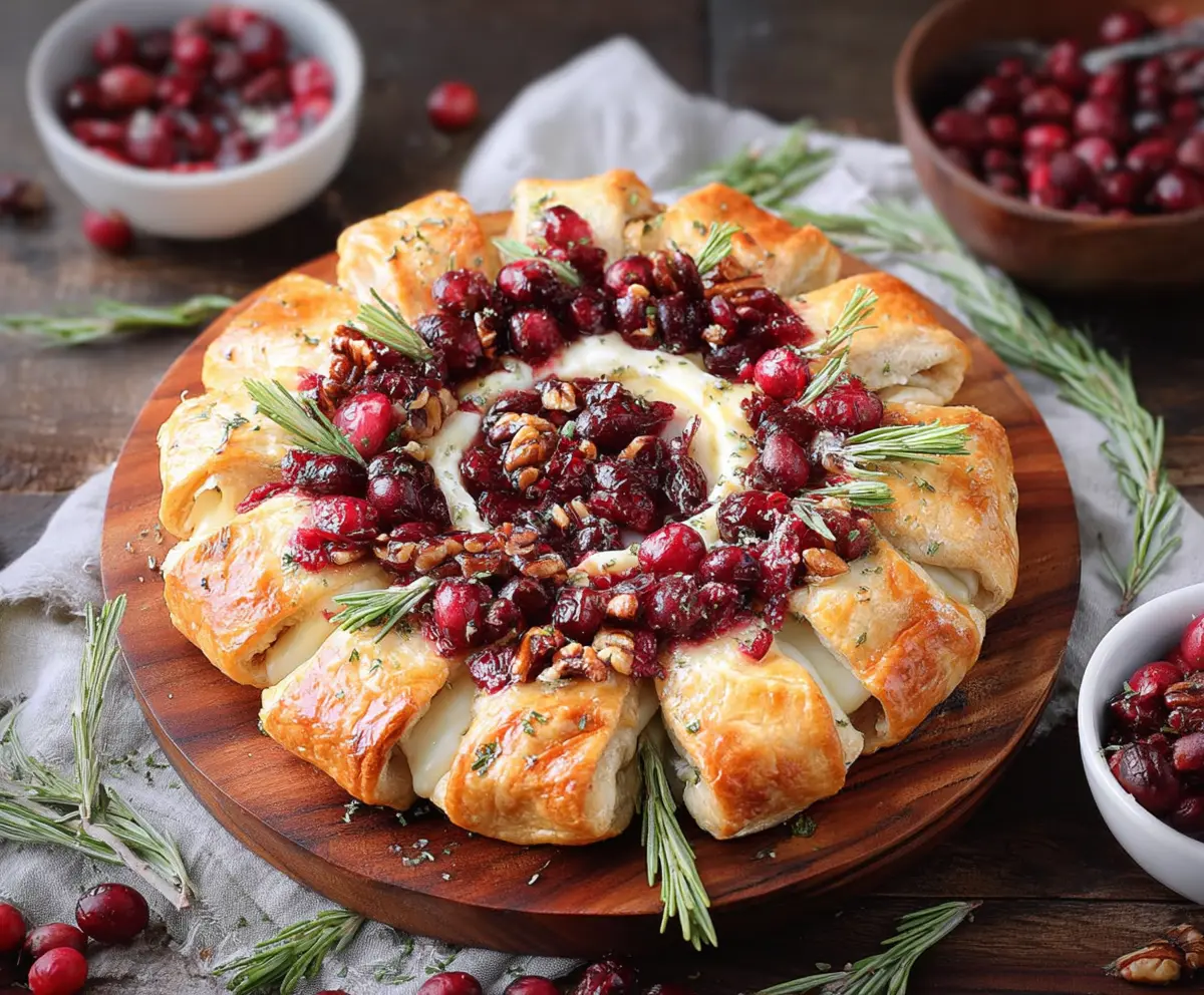 Delicious Brie Cranberry Wreath with melted cheese and fresh cranberries on a festive platter