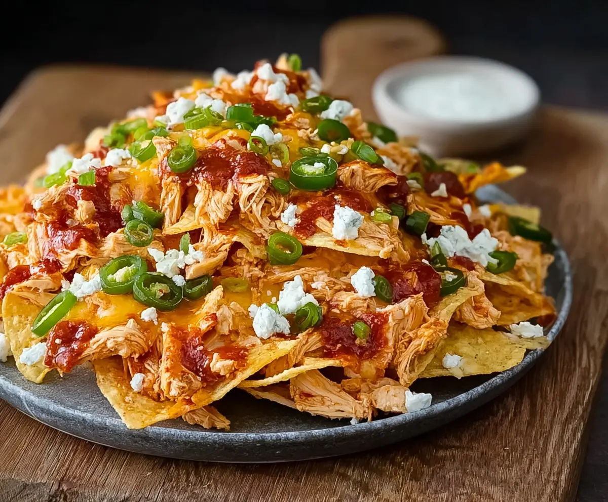 Delicious Buffalo Chicken Nachos topped with melted cheese, jalapenos, and blue cheese crumbles.