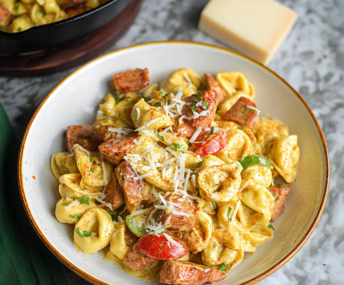 Delicious Cajun Chicken Tortellini served with a creamy sauce and fresh herbs.