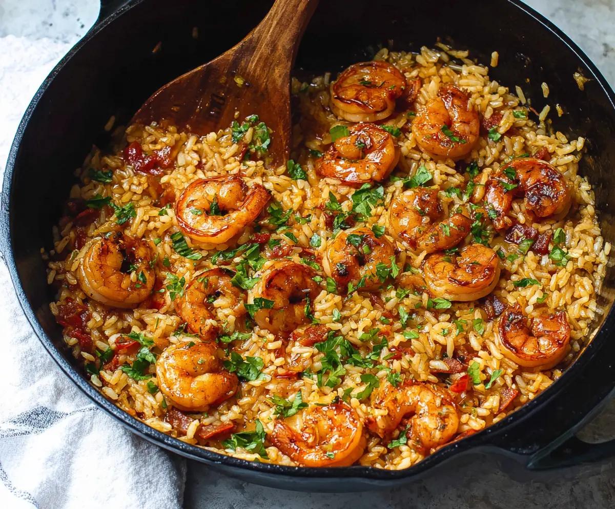 Delicious Cajun Shrimp and Rice Skillet with vibrant spices and fresh seafood on a serving plate.