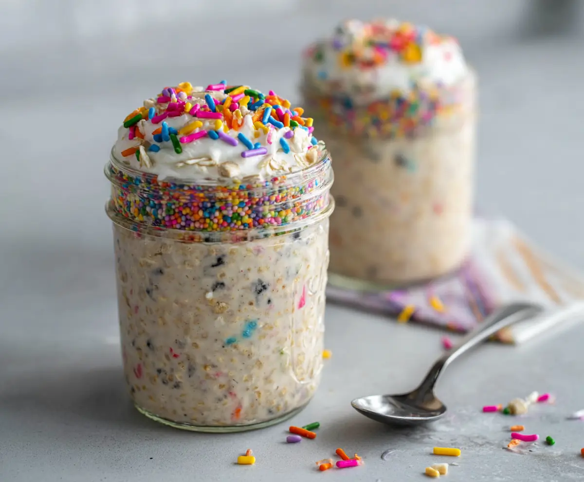 Creamy Cake Batter Overnight Oats in a glass jar topped with sprinkles and fresh berries for a delicious breakfast.