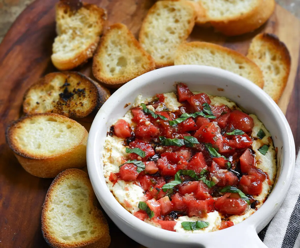 Creamy Caprese Dip with fresh cherry tomatoes and basil garnished in a white bowl.