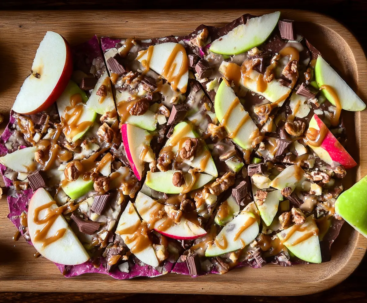 Delicious caramel apple bark with smooth melted caramel drizzled over fresh apple slices and crunchy toppings.