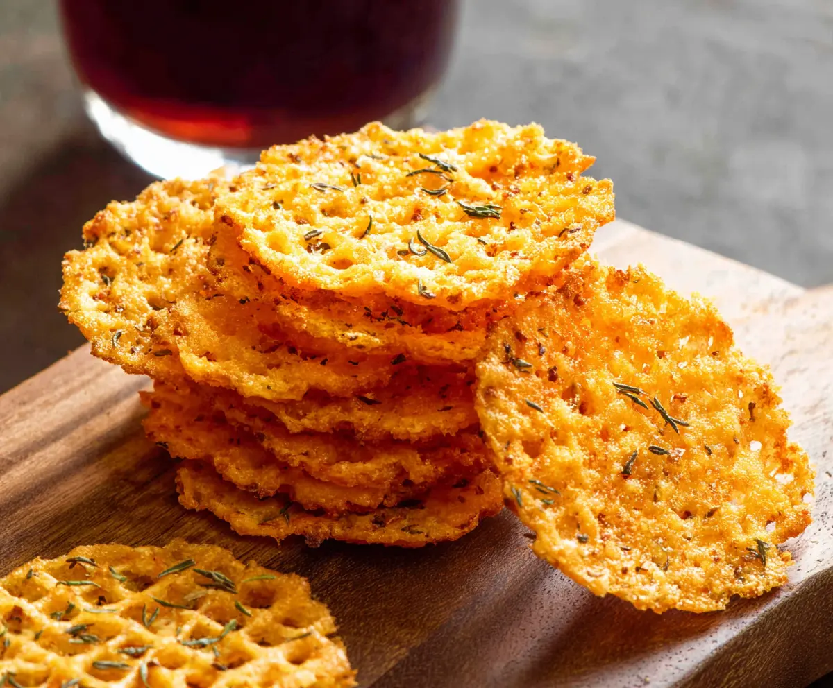 Crunchy cheddar cheese crisps on a white plate, perfect for snacking and keto diet.