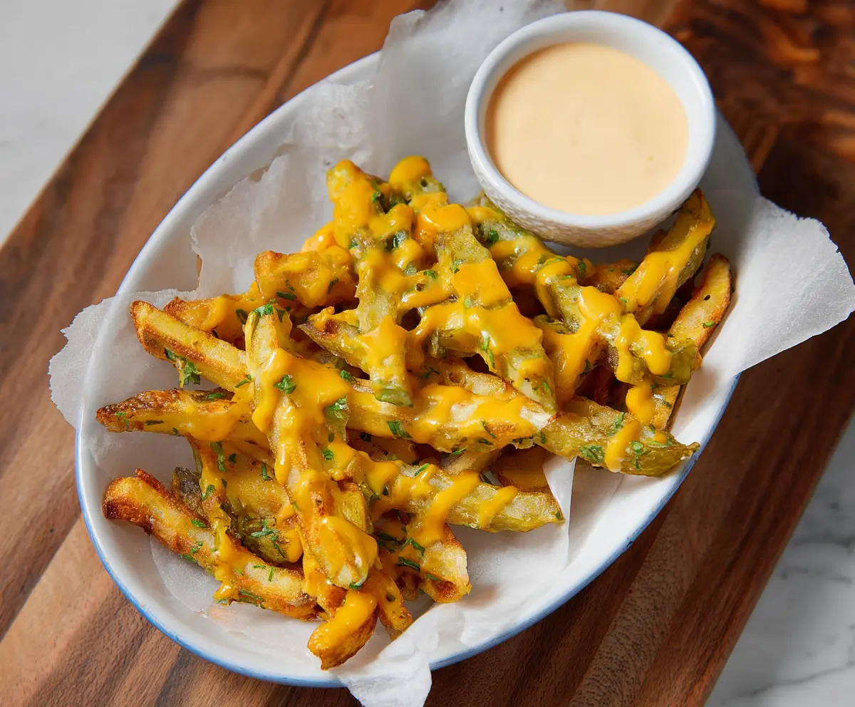 Crispy cheddar and pickle fries served with dipping sauce on a plate.