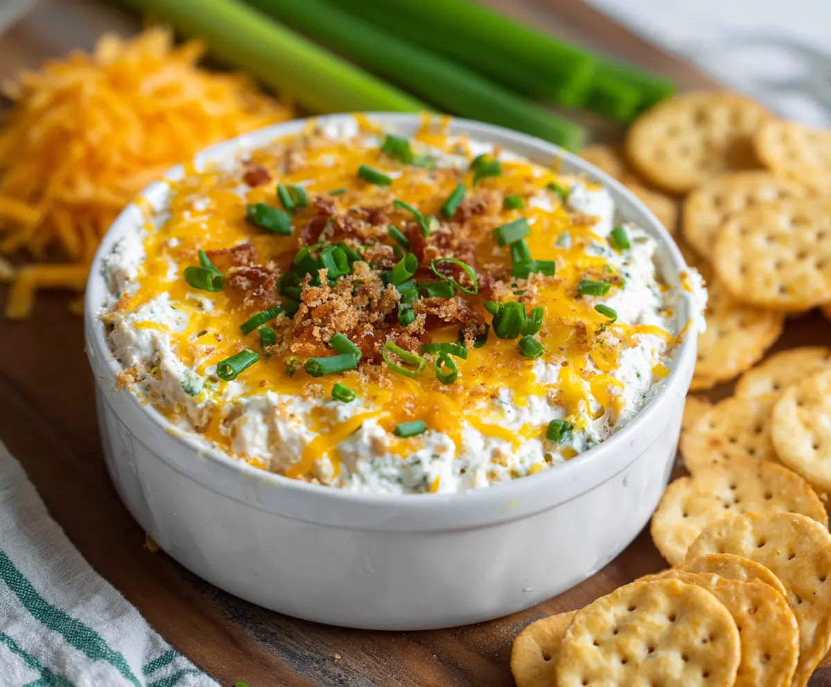Creamy Cheddar Ranch Crack Dip served in a bowl with fresh vegetables for dipping.