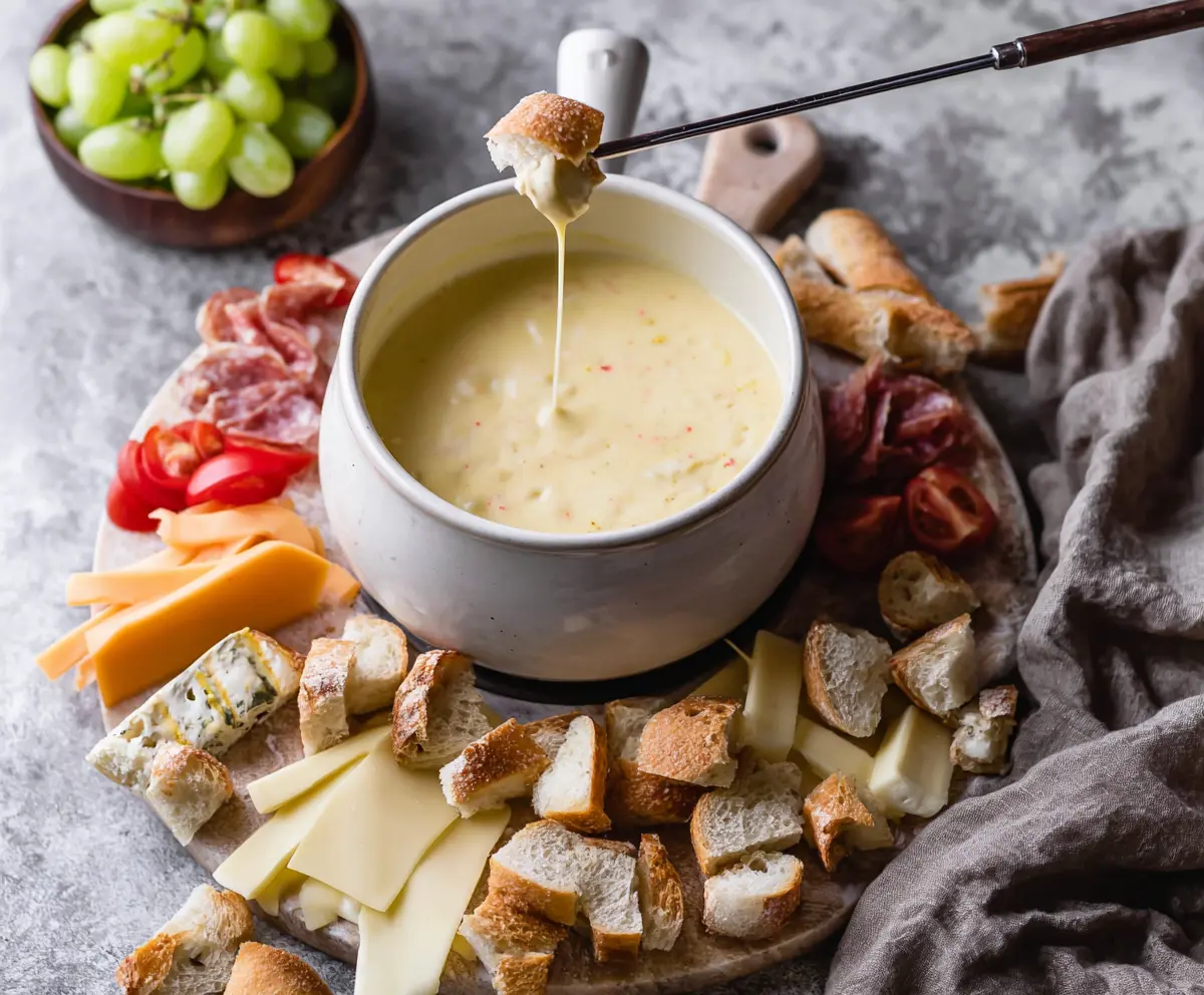 Creamy cheese fondue served with fresh bread and vegetables for dipping.