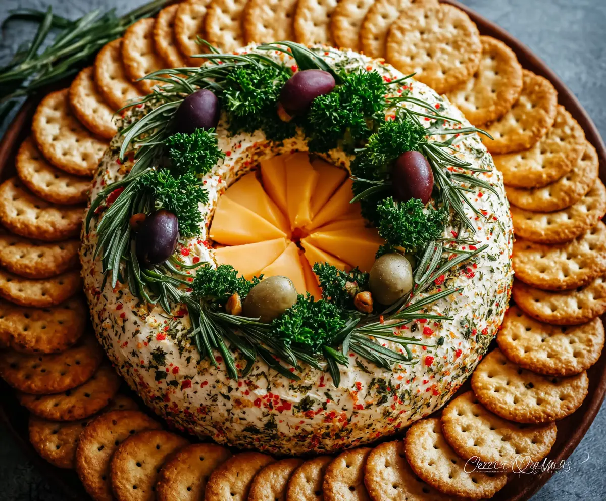 Decorative cheeseball wreath perfect for parties and gatherings.
