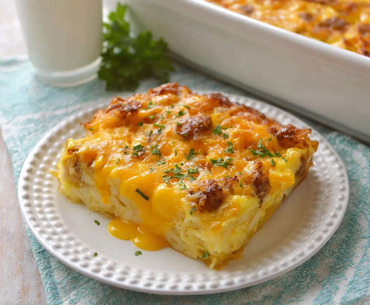 Delicious cheesy hashbrown egg casserole with melted cheese and crispy hashbrowns, perfect for breakfast or brunch.