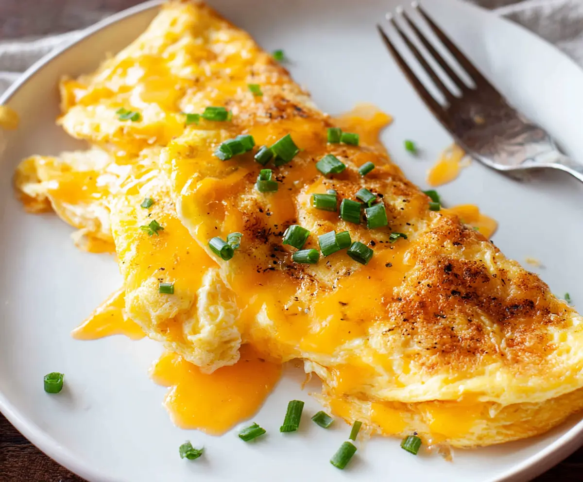 Delicious cheesy omelet with melted cheese and fresh herbs, perfect for a hearty breakfast.