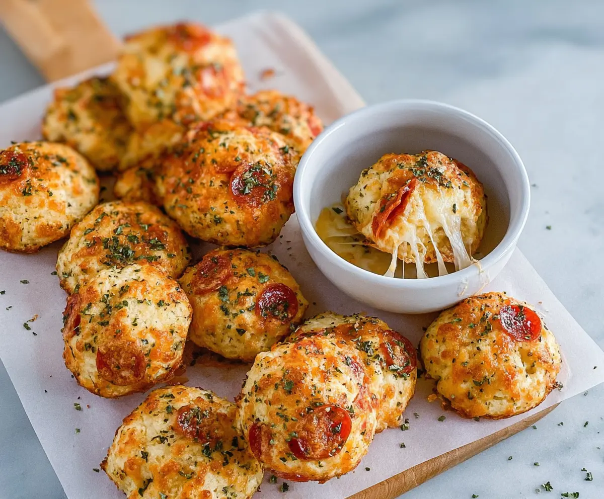 Delicious cheesy pepperoni bites on a plate, perfect for snacks or parties.