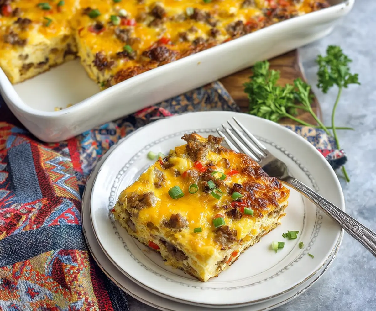 Delicious cheesy sausage breakfast casserole with golden cheese topping and savory sausage chunks.