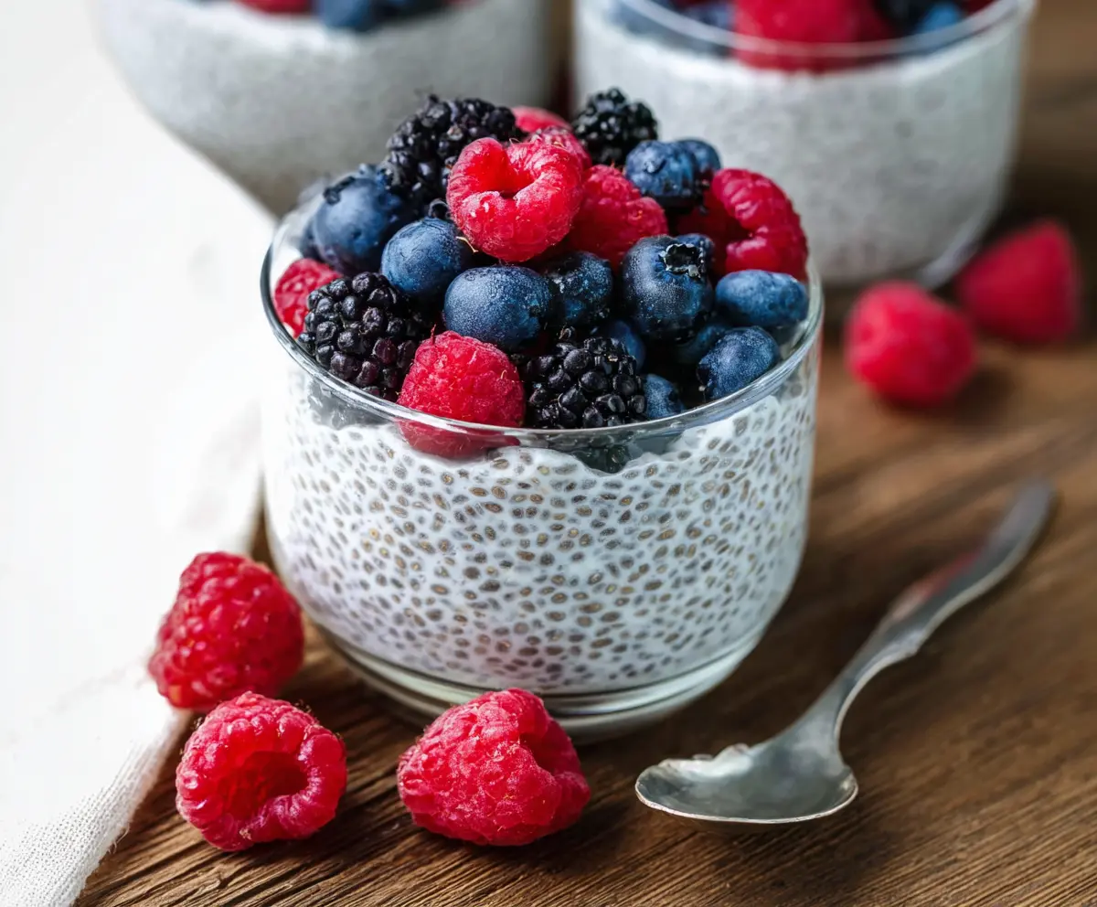 Creamy chia pudding topped with fresh berries and honey for a healthy breakfast.
