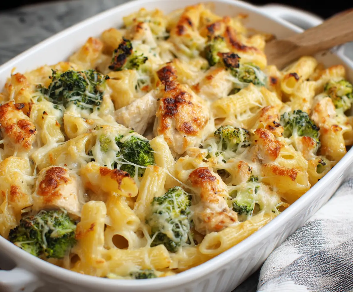 Delicious chicken and broccoli pasta bake in a casserole dish, perfect for a hearty family dinner.