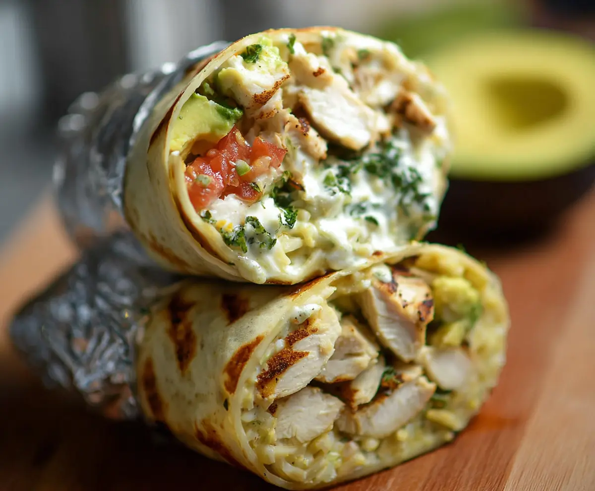 Delicious Chicken Avocado Burrito with fresh ingredients and melted cheese.