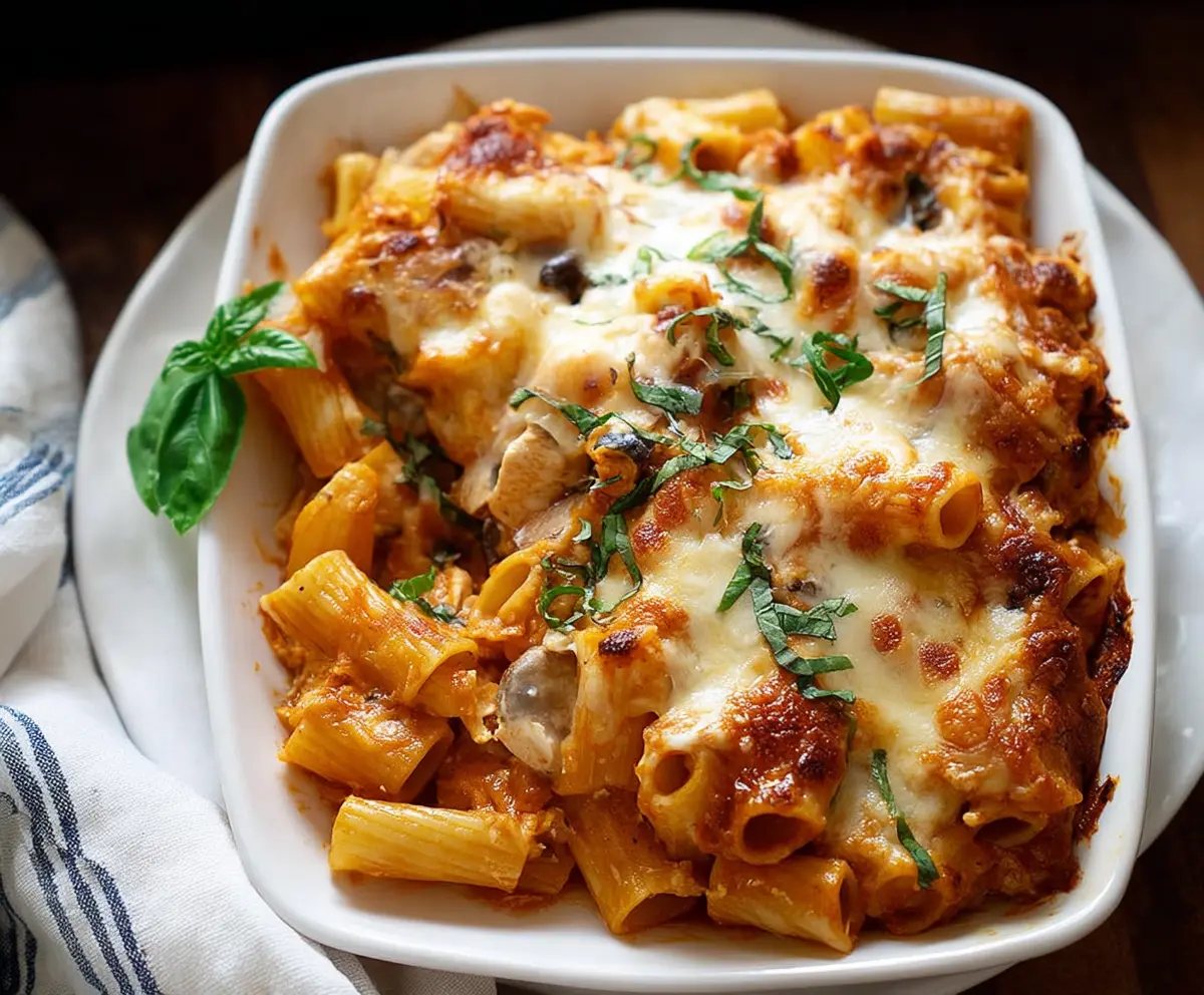 Delicious Chicken Rigatoni Pasta Bake topped with melted cheese and fresh herbs.