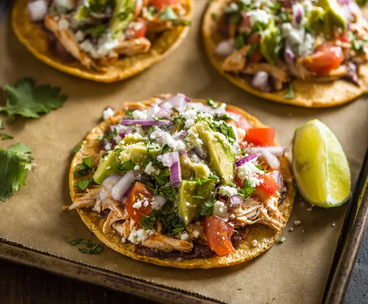 Delicious Chicken Tostadas topped with fresh vegetables and melted cheese on a rustic plate.
