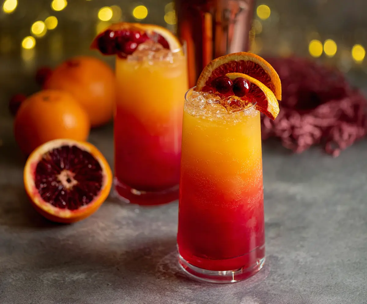 Festive Christmas Tequila Sunrise cocktail garnished with cherry and orange slices.