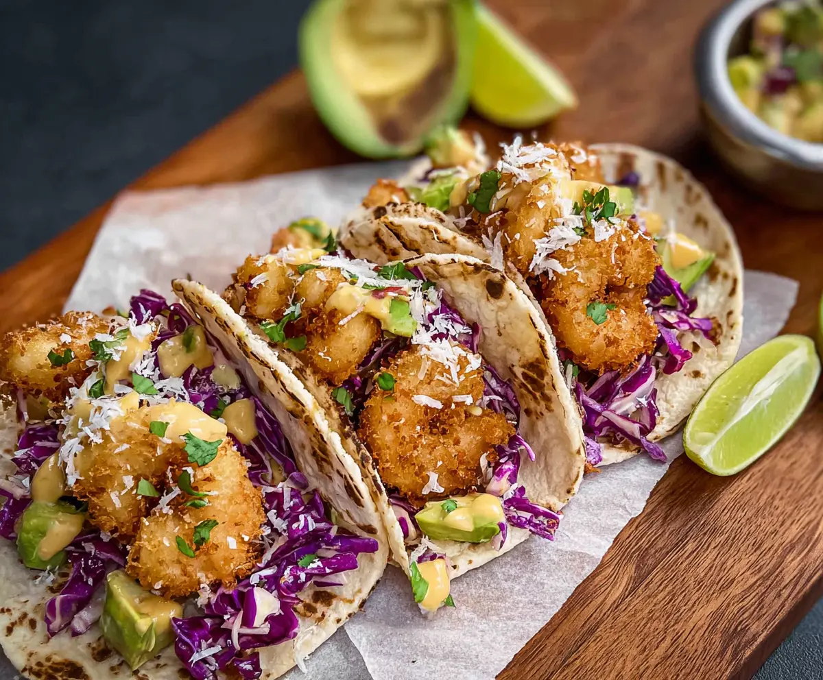 Crispy coconut shrimp tacos with fresh toppings on a plate, perfect for a flavorful seafood meal
