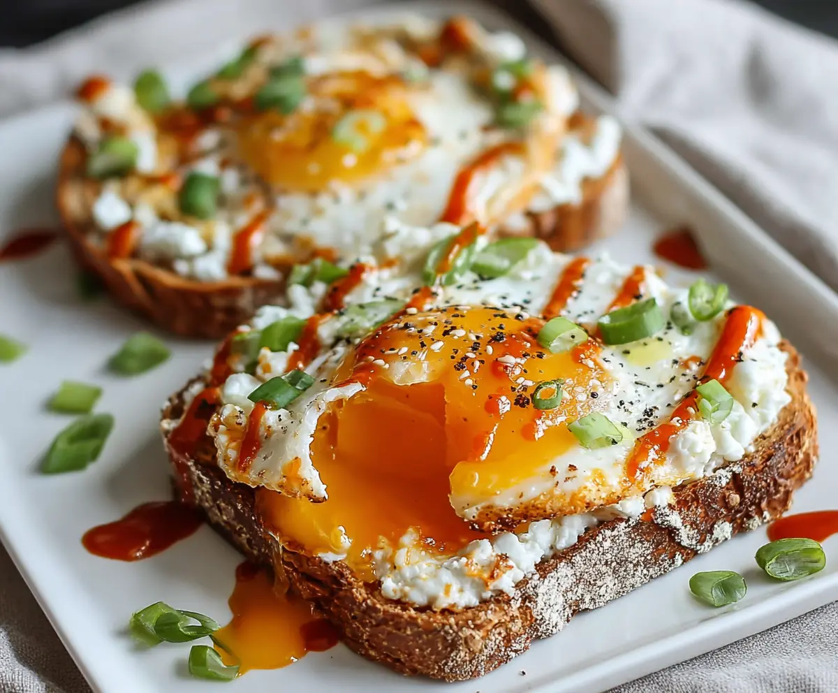 Delicious Cottage Cheese Egg and Sriracha Protein Toast served on a plate, highlighting a healthy breakfast option.
