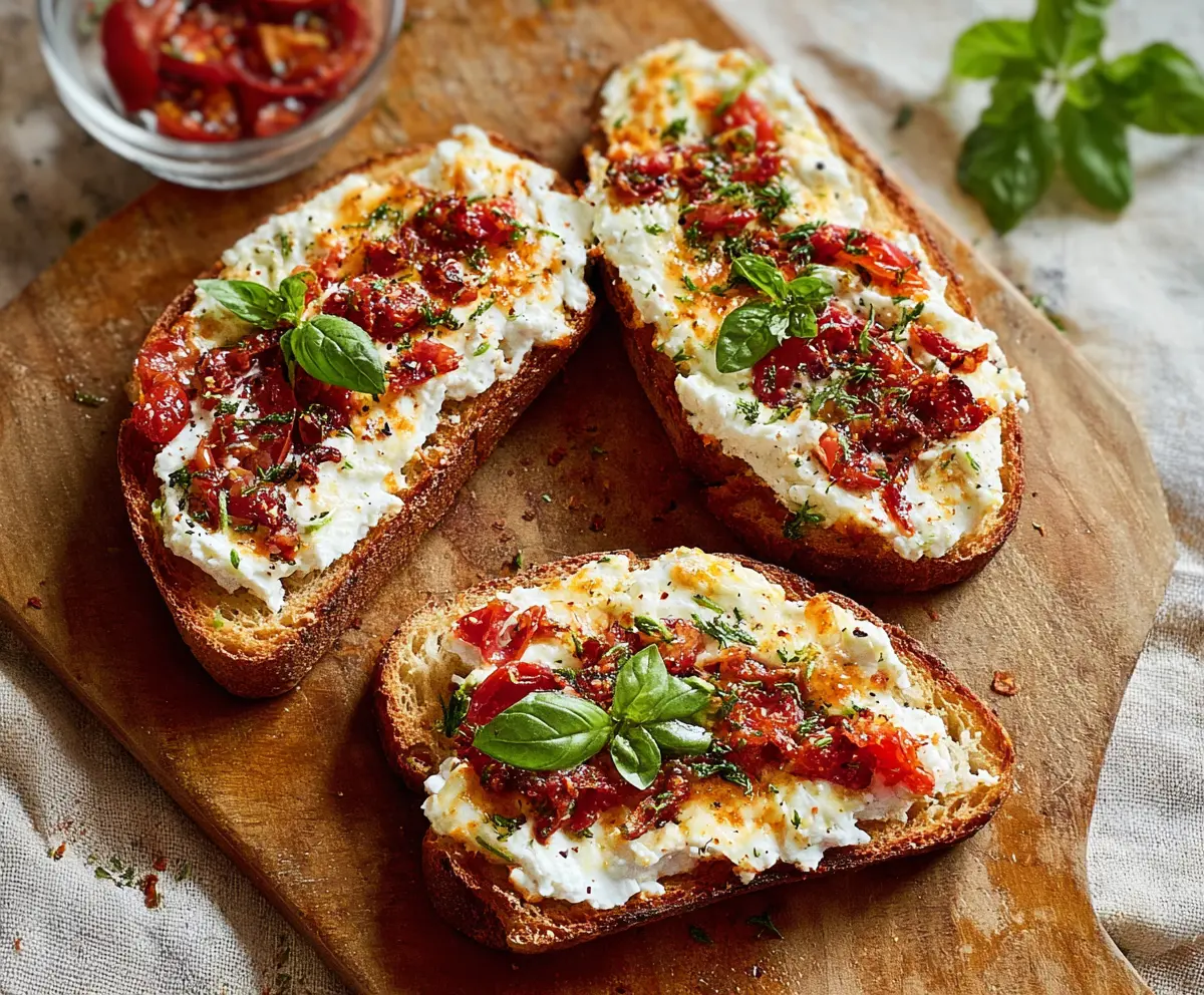 Delicious Cottage Cheese Pizza Toast topped with fresh herbs and melted cheese, perfect for a quick snack.