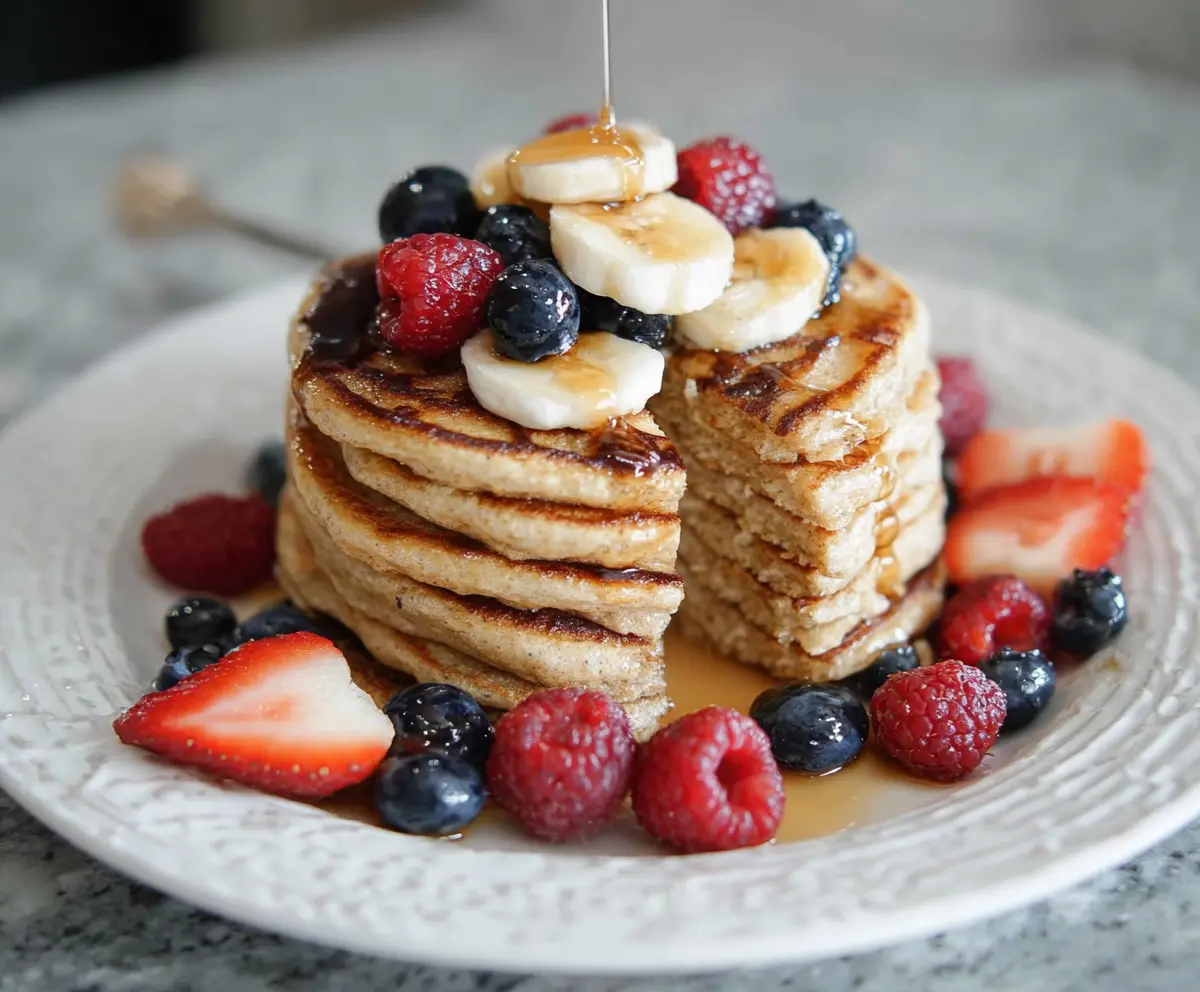 Healthy cottage cheese protein pancakes served with fresh fruits and a drizzle of honey.