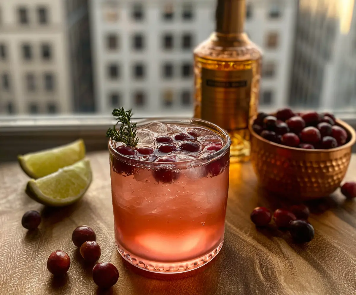 Refreshing Cranberry Bourbon Mule cocktail in a glass garnished with cranberries and mint.