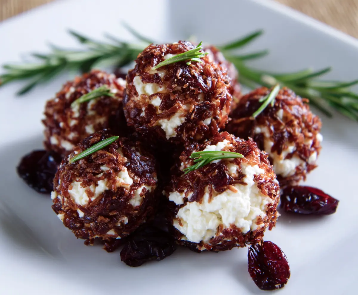 Delicious cranberry goat cheese balls on a platter for appetizer, festive party snack.