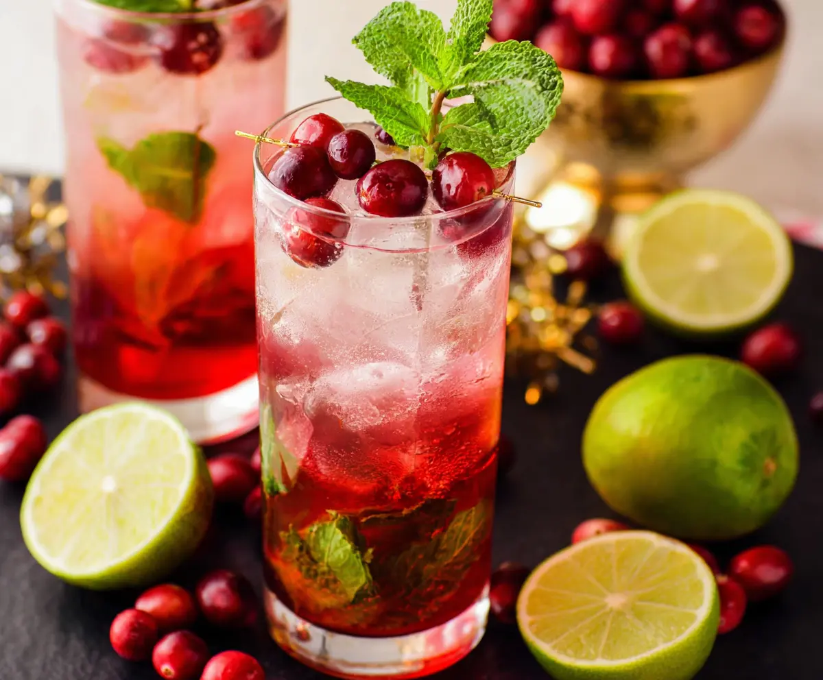 Refreshing cranberry mint mojito cocktail in a clear glass with fresh cranberries and mint leaves.