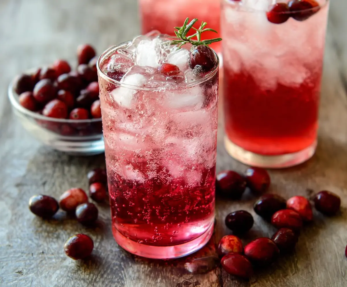 Refreshing cranberry vodka spritzer in a clear glass garnished with fresh cranberries and a lime wedge.